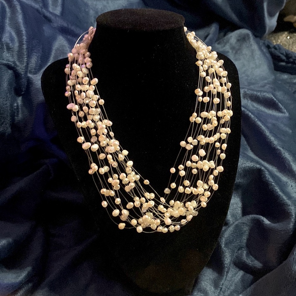 Multilayered genuine pearl necklace